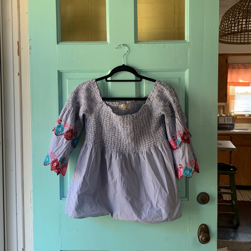LOFT Striped Blouse with Embroidered Sleeves